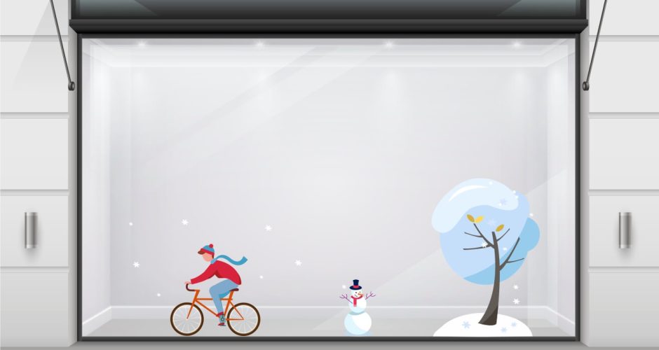 Αυτοκόλλητα καταστημάτων - Χειμερινή σύνθεση με παιδί που κάνει ποδήλατο δέντρο και χιονάνθρωπο