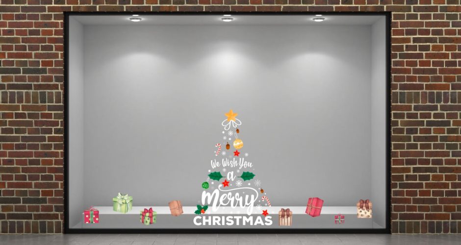Αυτοκόλλητα καταστημάτων - Χριστουγεννιάτικο δέντρο "We Wish you a Merry Christmas" με δώρα