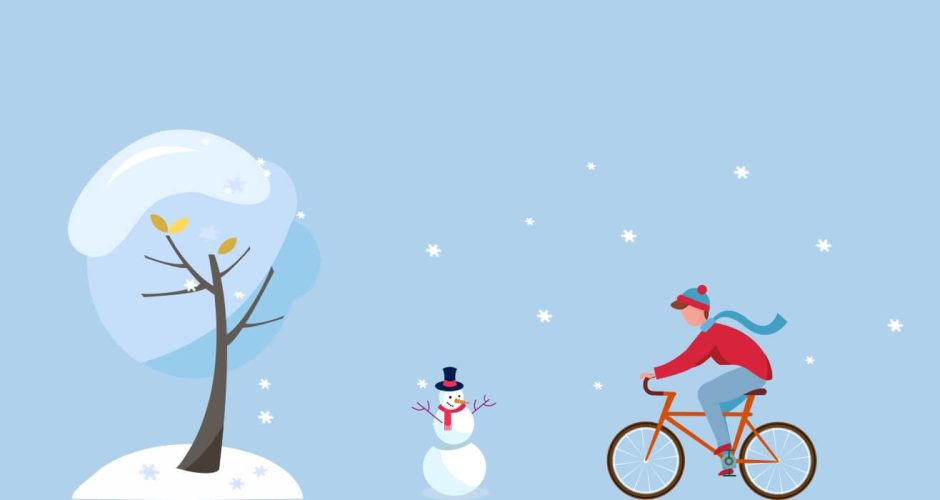 Αυτοκόλλητα καταστημάτων - Χειμερινή σύνθεση με παιδί που κάνει ποδήλατο δέντρο και χιονάνθρωπο