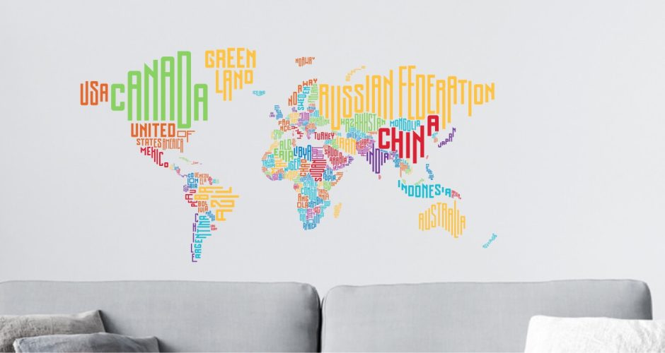Αυτοκόλλητα καταστημάτων - Πολύχρωμος παγκόσμιος χάρτης με ονόματα χωρών