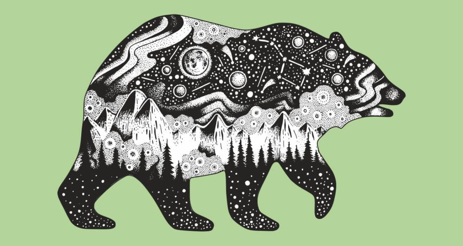 Αυτοκόλλητα Τοίχου - Αρκούδα με βουνά δάση και διάστημα