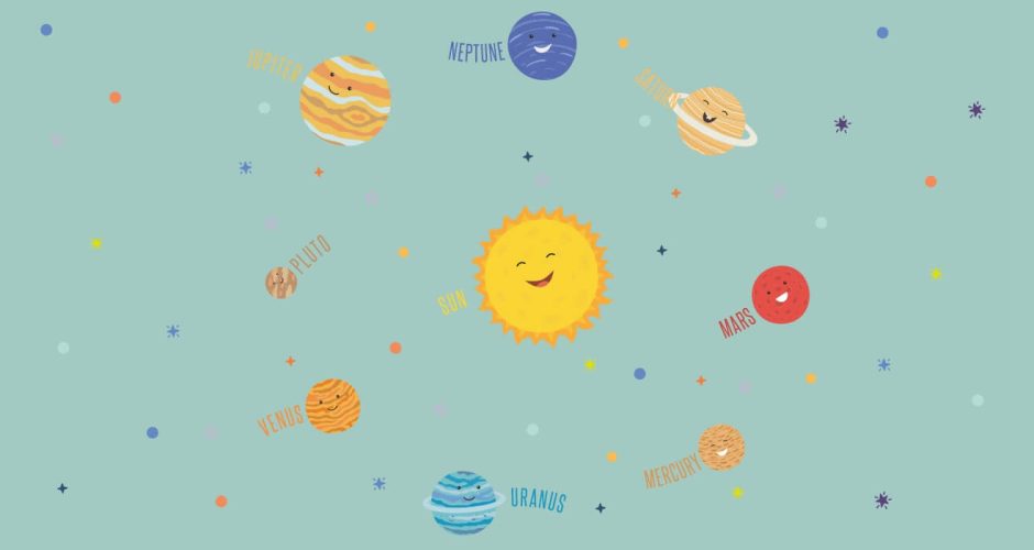 Αυτοκόλλητα Τοίχου - Χαμογελαστό Ηλιακό Σύστημα! Παιδικό αυτοκόλλητο τοίχου (στα Αγγλικά)