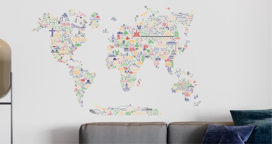 Αυτοκόλλητα Τοίχου - Παγκόσμιος Χάρτης με τα αξιοθέατα του κόσμου - Αυτοκόλλητος Χάρτης