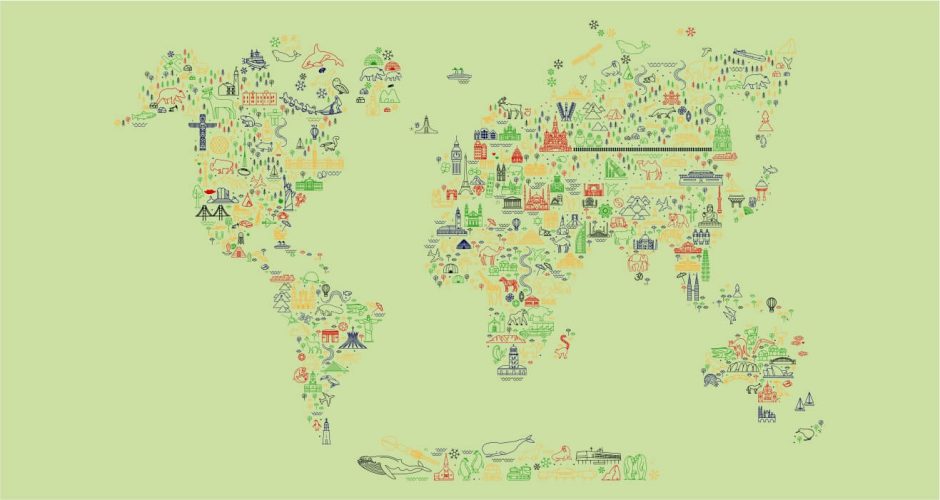 Αυτοκόλλητα Τοίχου - Παγκόσμιος Χάρτης με τα αξιοθέατα του κόσμου - Αυτοκόλλητος Χάρτης
