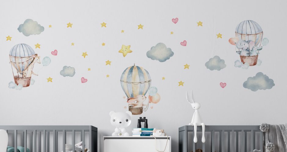 Αυτοκόλλητα Τοίχου - Παιδικό αυτοκόλλητο τοίχου - Χαρούμενα ζωάκια με αερόστατα