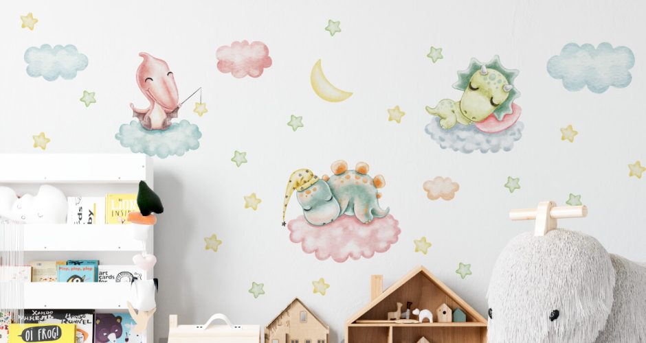 Αυτοκόλλητα Τοίχου - Αυτοκόλλητο τοίχου “χαρούμενα δεινοσαυράκια στα σύννεφα”