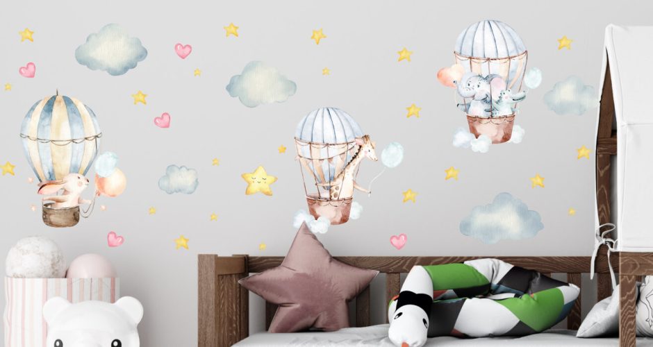 Αυτοκόλλητα Τοίχου - Παιδικό αυτοκόλλητο τοίχου - Χαρούμενα ζωάκια με αερόστατα