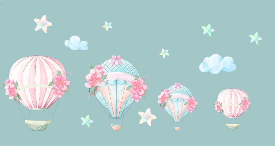 Αυτοκόλλητα Τοίχου - Πολύχρωμα αερόστατα με λουλούδια και αστέρια