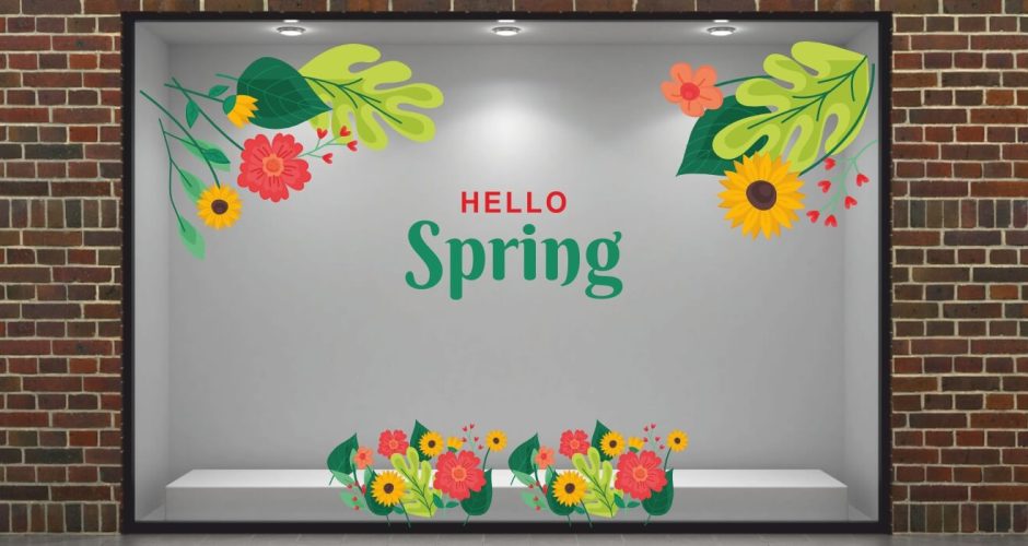Ανοιξιάτικη βιτρίνα - Ανοιξιάτικη διακόσμηση βιτρίνας HELLO Spring με λουλούδια και φύλλα