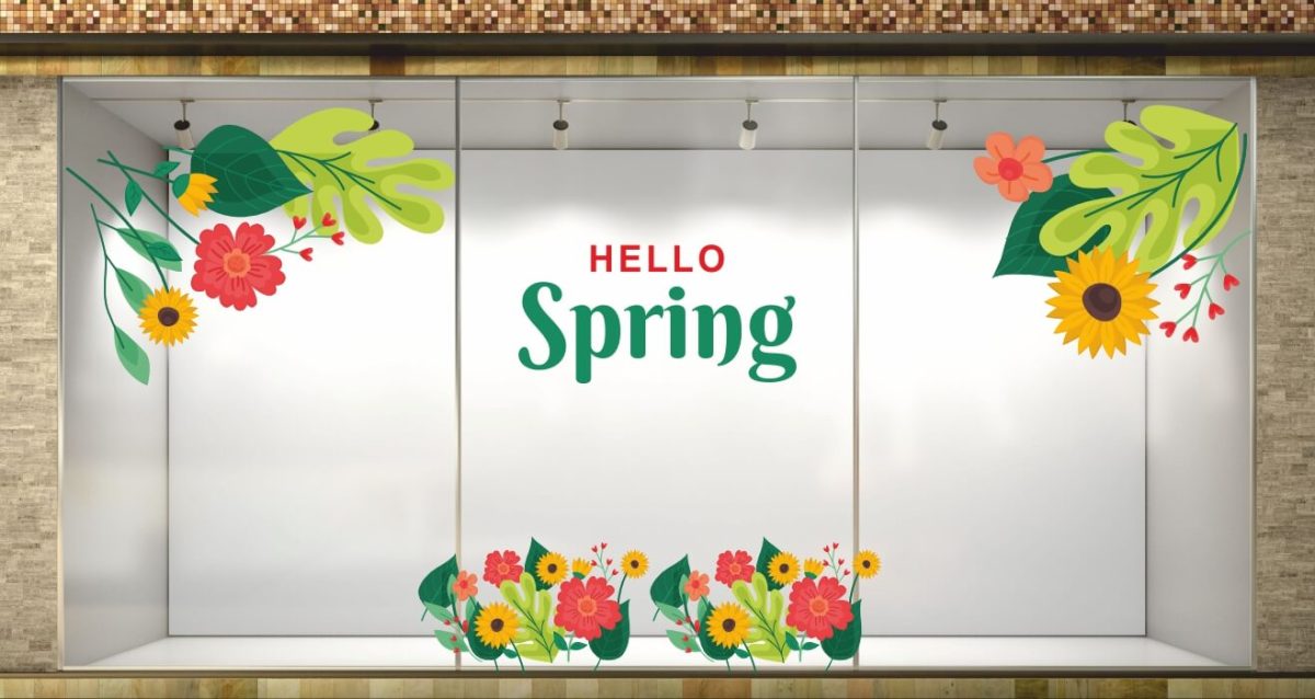 Ανοιξιάτικη διακόσμηση βιτρίνας HELLO Spring με λουλούδια και φύλλα — εικόνα 3 από 6