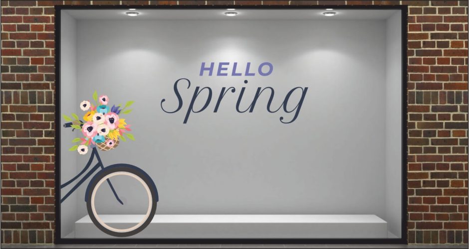 Ανοιξιάτικη βιτρίνα - Ανοιξιάτικη διακόσμηση βιτρίνας HELLO Spring με ποδήλατο για την γωνία της βιτρίνας