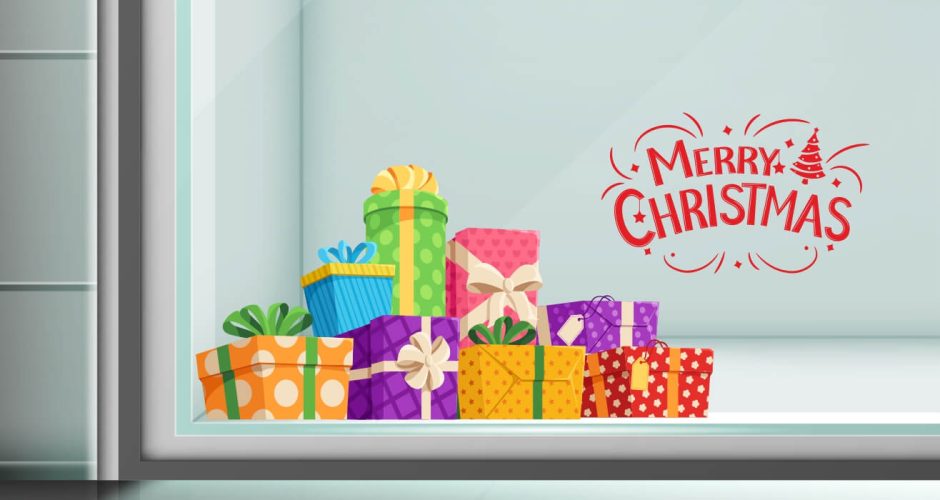 Αυτοκόλλητα καταστημάτων - Χριστουγεννιάτικο αυτοκόλλητο - Merry Christmas με χριστουγεννιάτικα δώρα