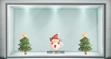 Αυτοκόλλητα καταστημάτων - Χριστουγεννιάτικο αυτοκόλλητο – Merry Christmas με Άγιο Βασίλη σε κούπα και χριστουγεννιάτικα δεντράκια