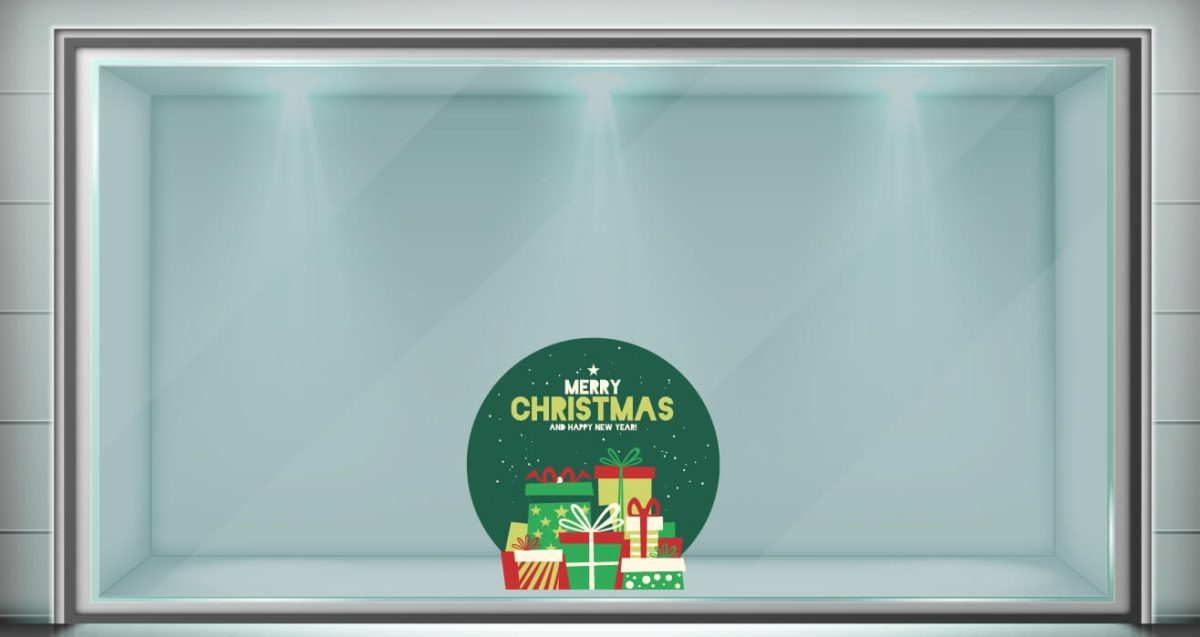 Χριστουγεννιάτικο Αυτοκόλλητο Βιτρίνας – Merry Christmas με Δώρα 🎅 🎄 🎁 ✨ — εικόνα 1 από 2