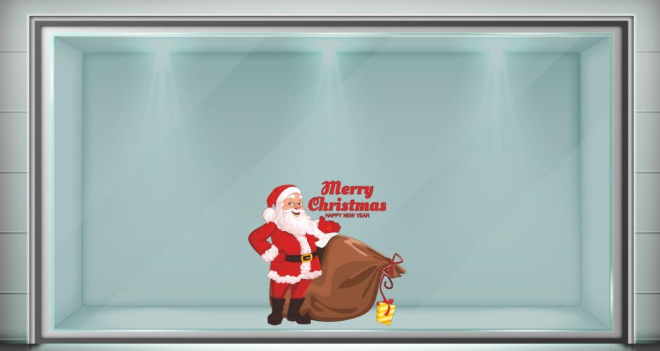 Αυτοκόλλητα καταστημάτων - Χριστουγεννιάτικο αυτοκόλλητο – Άγιος Βασίλης με Merry Christmas και δώρα