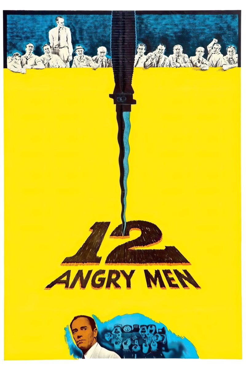 Πόστερ ταινίας 12 Angry Men – δώδεκα άντρες και ένα μαχαίρι που κατεβαίνει στον τίτλο, σε έντονο κίτρινο — εικόνα 1 από 6