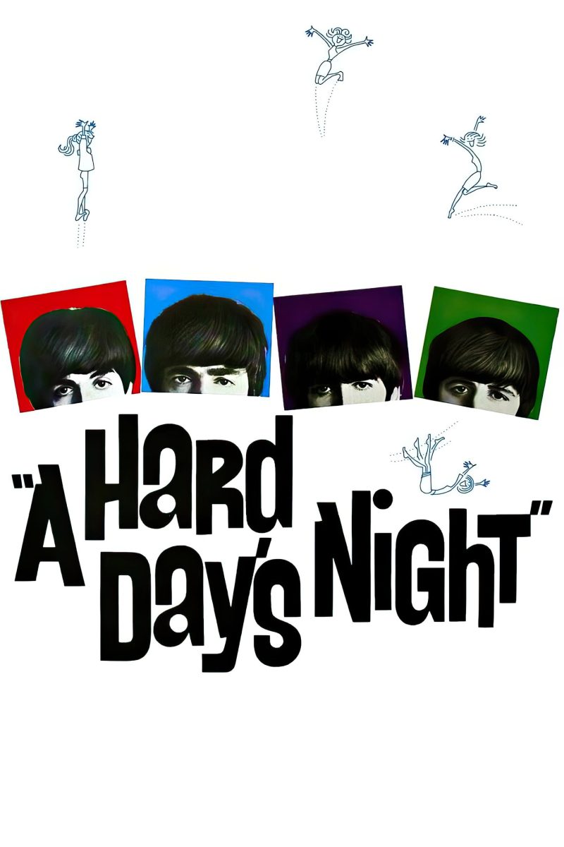 Πόστερ ταινίας A Hard Day's Night – τέσσερα νεανικά πρόσωπα με αφέλειες σε χρωματιστά τετράγωνα πάνω από τον τίτλο — εικόνα 1 από 6