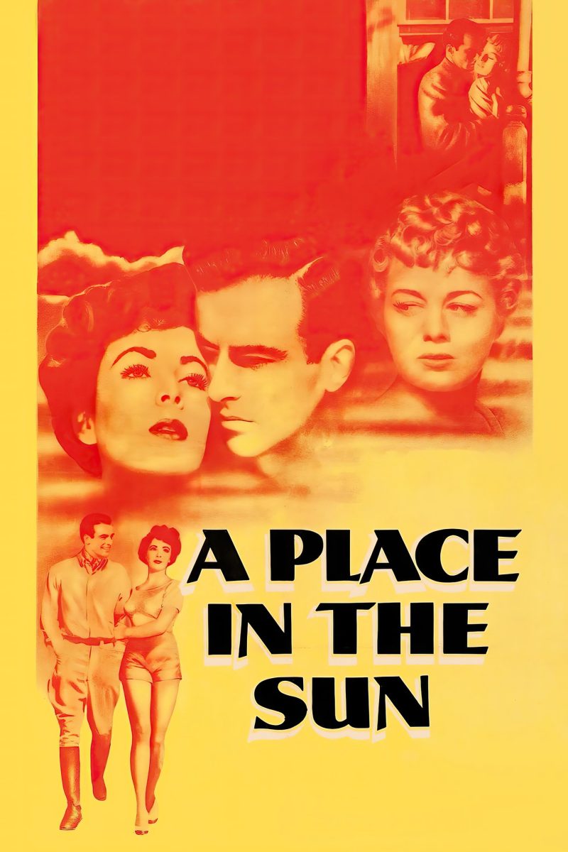 Πόστερ ταινίας A Place in the Sun – τρία πρόσωπα σε κόκκινο τόνο και ένα ζευγάρι που περπατά, σε κίτρινο φόντο — εικόνα 1 από 6