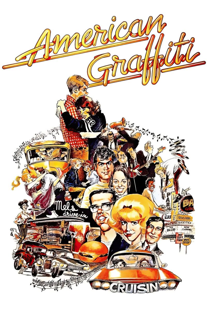 Πόστερ ταινίας American Graffiti – καρικατούρες νεαρών, αυτοκίνητα και ένα ντάινερ κάτω από χρυσό καλλιγραφικό τίτλο — εικόνα 1 από 6