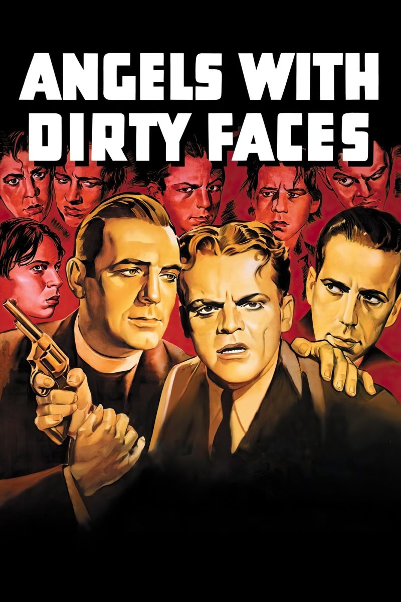 Πόστερ ταινίας Angels with Dirty Faces – τρεις άντρες και ένα περίστροφο μπροστά σε πρόσωπα αγοριών, σε κόκκινο φόντο — εικόνα 1 από 6