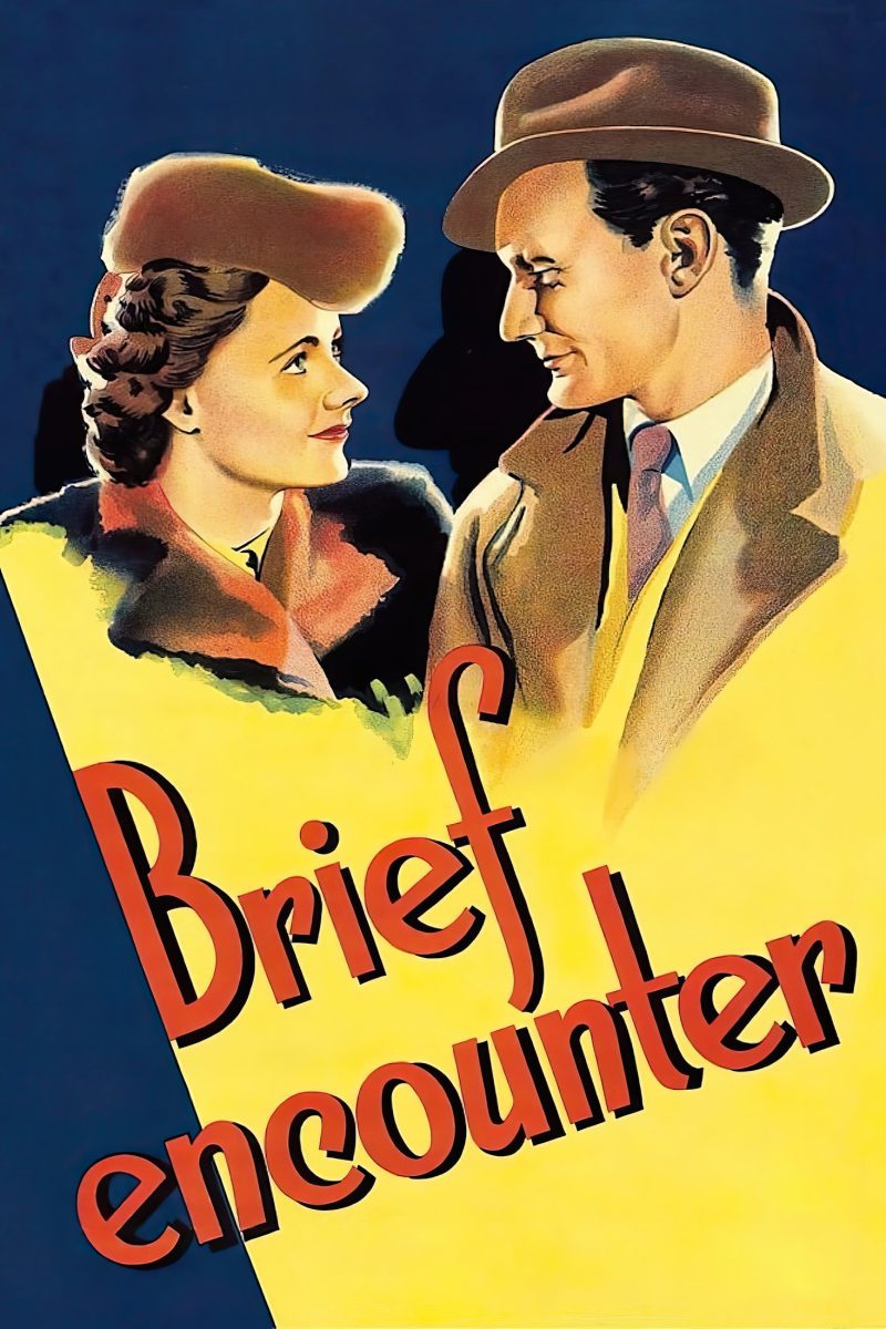 Πόστερ ταινίας Brief Encounter – ζωγραφιστό ζευγάρι με καπέλα που κοιτάζονται, σε κίτρινο και σκούρο μπλε — εικόνα 1 από 6