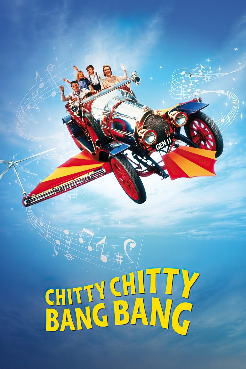 Πόστερ ταινίας Chitty Chitty Bang Bang – ιπτάμενο αυτοκίνητο με φτερά και μια χαρούμενη οικογένεια στον γαλάζιο ουρανό — εικόνα 1 από 6