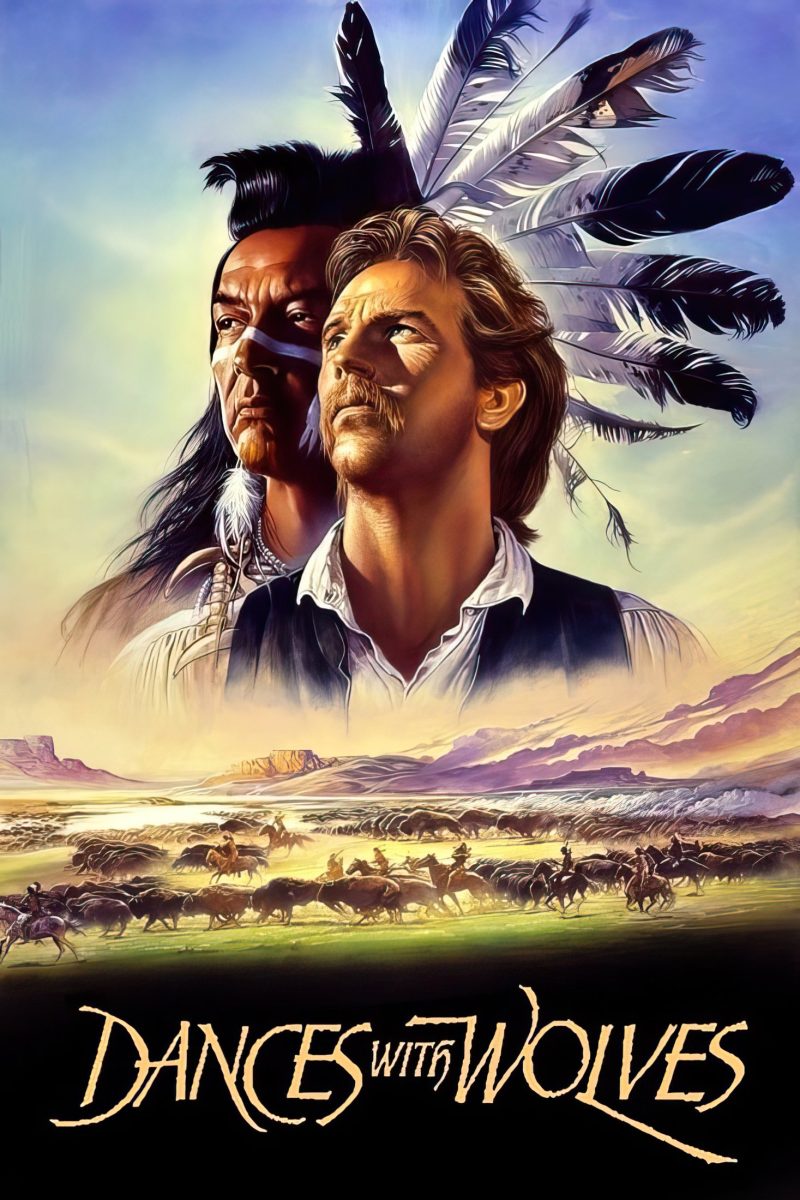 Πόστερ ταινίας Dances with Wolves – ζωγραφιστά πορτρέτα δύο αντρών με φτερά πάνω από κοπάδι βίσωνες — εικόνα 1 από 6