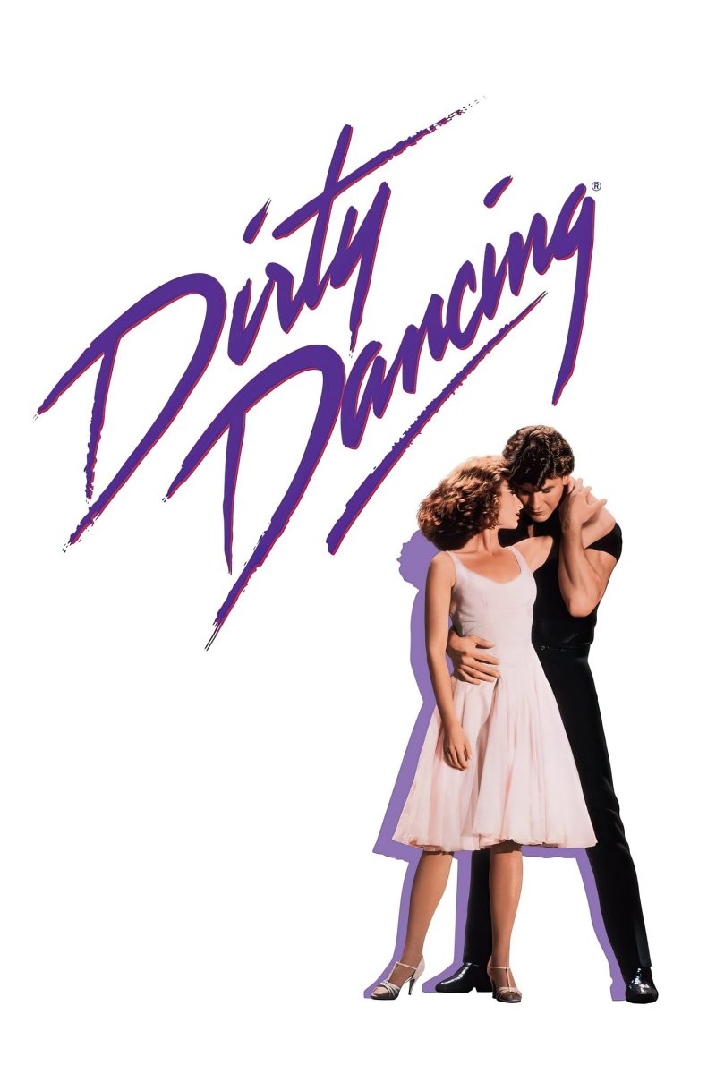 Πόστερ ταινίας Dirty Dancing – ζευγάρι χορευτών αγκαλιασμένο σε λευκό φόντο, με μωβ καλλιγραφικό τίτλο — εικόνα 1 από 6