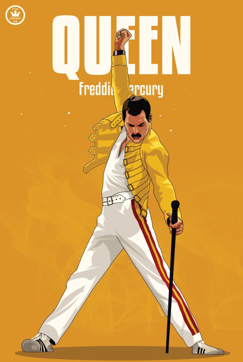 Αφίσα Freddie Mercury και Queen – εικονογράφηση με κίτρινο σακάκι, άσπρο παντελόνι, υψωμένη γροθιά και μικρόφωνο σε πορτοκαλί φόντο — εικόνα 1 από 6