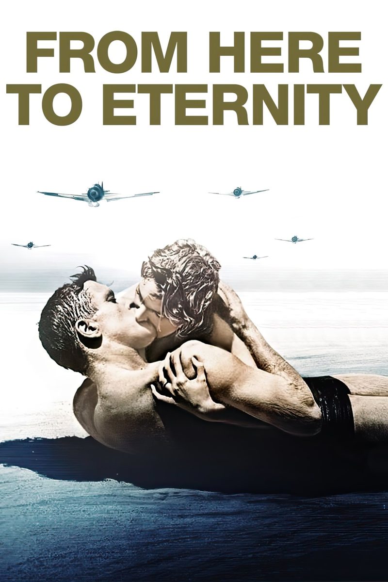 Πόστερ ταινίας From Here to Eternity – ζευγάρι που φιλιέται στα κύματα μιας παραλίας, με αεροπλάνα στον ουρανό — εικόνα 1 από 6