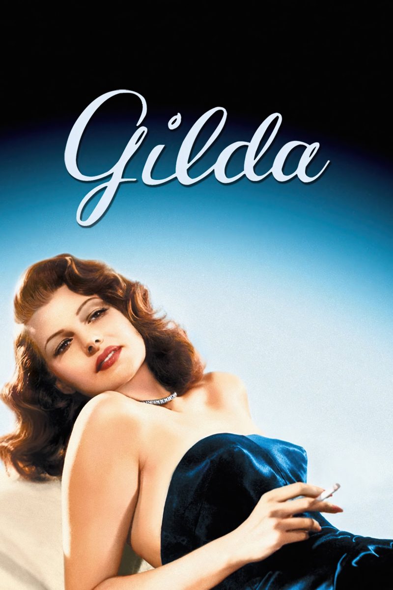 Πόστερ ταινίας Gilda – γυναίκα με κόκκινα μαλλιά και σατέν στράπλες φόρεμα με τσιγάρο, σε μπλε — εικόνα 1 από 6