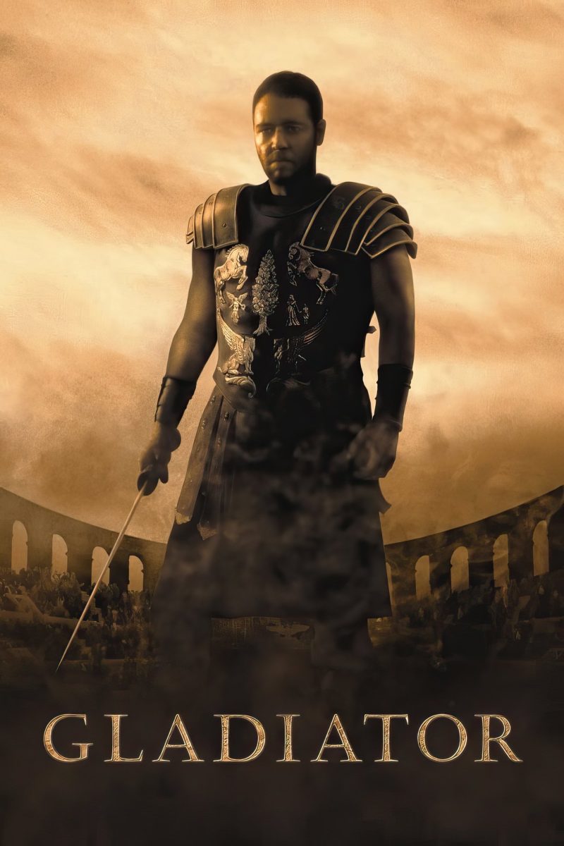 Πόστερ ταινίας Gladiator – μονομάχος με πανοπλία και σπαθί μπροστά σε αρένα, σε τόνους σέπιας — εικόνα 1 από 6
