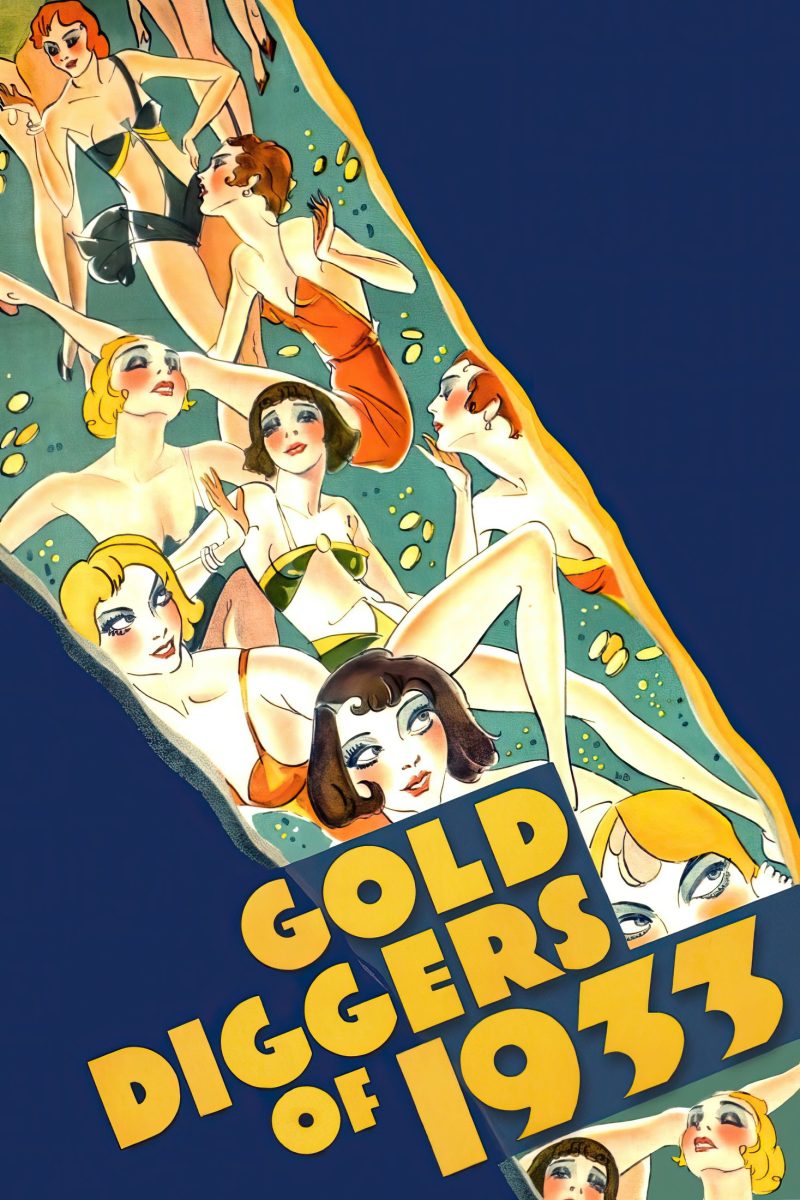 Πόστερ ταινίας Gold Diggers of 1933 – εικονογραφημένες χορεύτριες με μαγιό σε λοξή λωρίδα με χρυσά νομίσματα — εικόνα 1 από 6