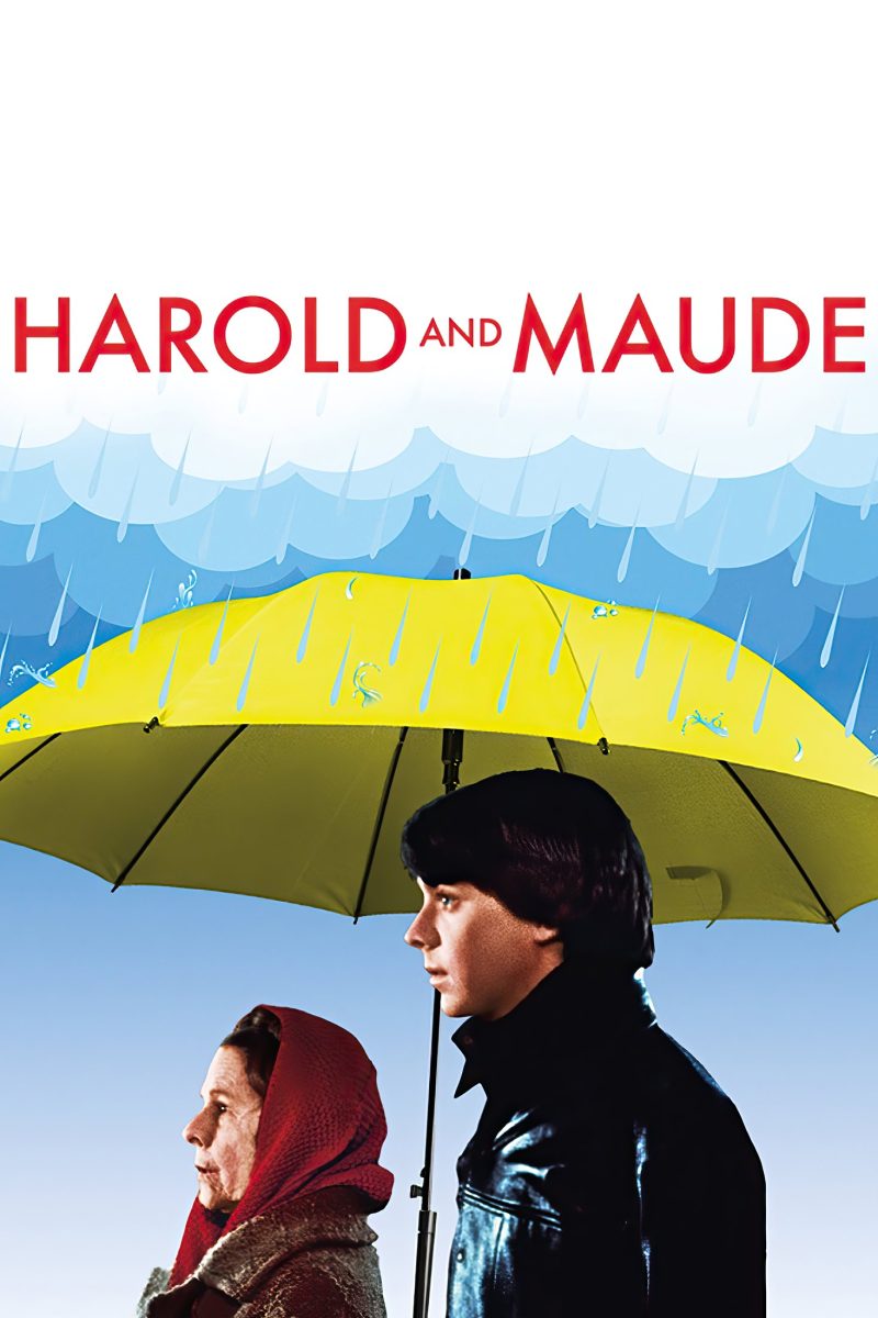 Πόστερ ταινίας Harold and Maude – νεαρός και ηλικιωμένη γυναίκα κάτω από μια κίτρινη ομπρέλα στη βροχή — εικόνα 1 από 6