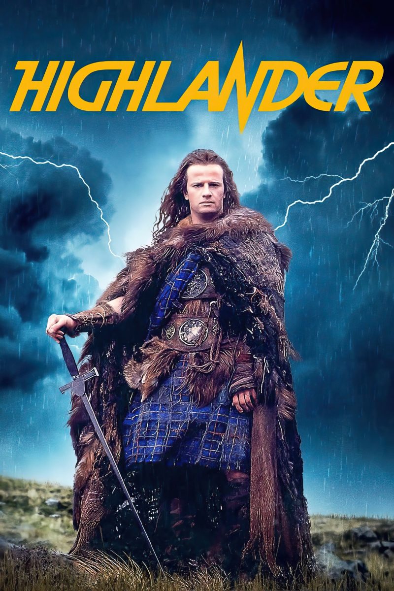 Πόστερ ταινίας Highlander – πολεμιστής με γούνα και καρό ύφασμα ακουμπά στο σπαθί του σε θυελλώδη ουρανό — εικόνα 1 από 6
