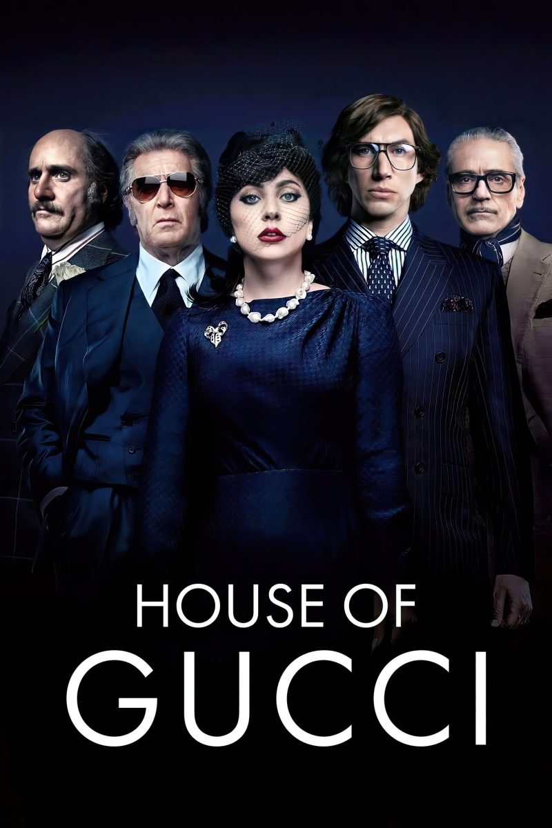 Πόστερ ταινίας House of Gucci – κομψή γυναίκα με βέλο και μαργαριτάρια ανάμεσα σε τέσσερις άντρες με κοστούμια — εικόνα 1 από 6