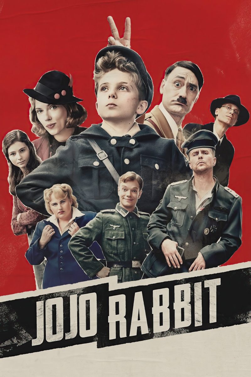 Πόστερ ταινίας Jojo Rabbit – αγόρι με στολή εποχής και κωμική ομάδα χαρακτήρων σε κόκκινο φόντο — εικόνα 1 από 6