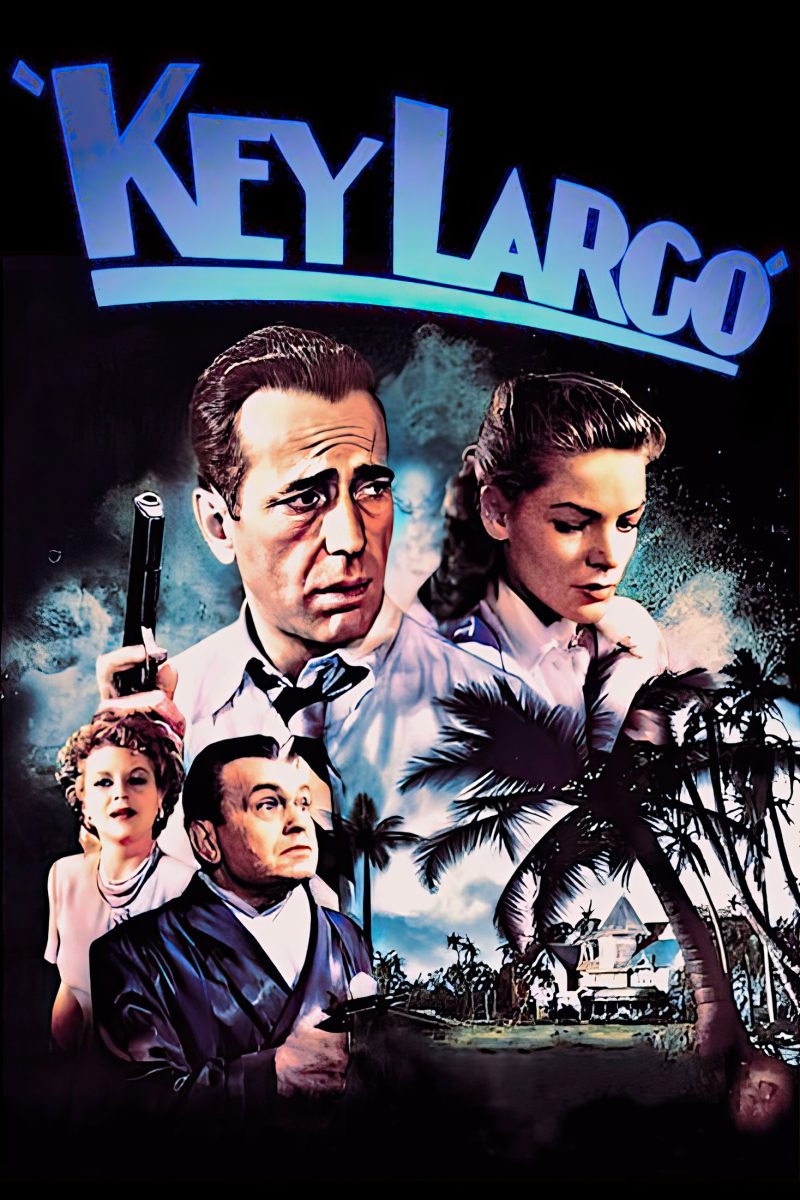 Πόστερ ταινίας Key Largo – άντρας με πιστόλι, δύο γυναίκες και ένας άντρας με ρόμπα μπροστά σε φοίνικες — εικόνα 1 από 6