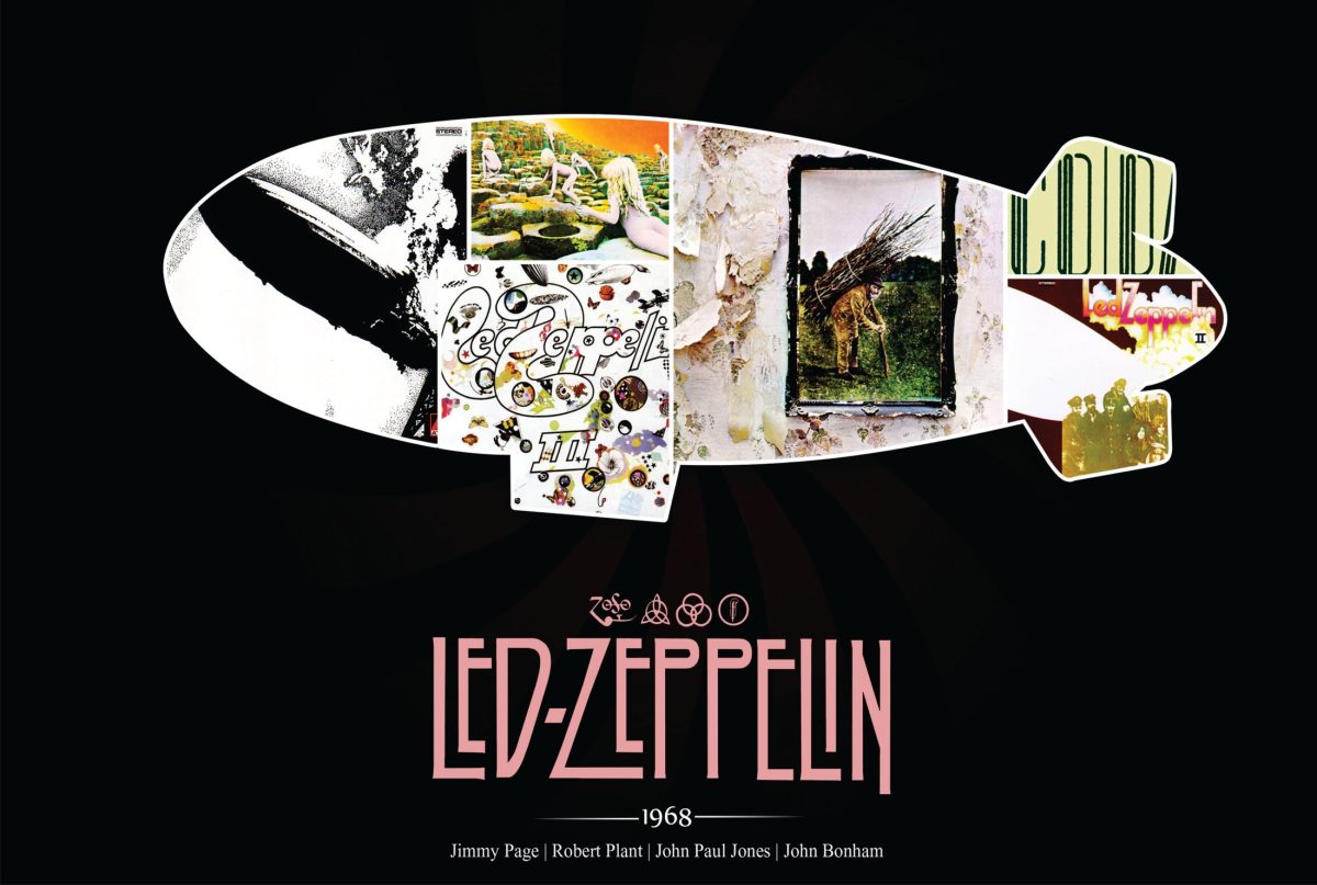 Αφίσα Led Zeppelin – οριζόντιο αερόπλοιο φτιαγμένο από εξώφυλλα δίσκων με τέσσερα σύμβολα και λογότυπο σε μαύρο φόντο — εικόνα 1 από 6