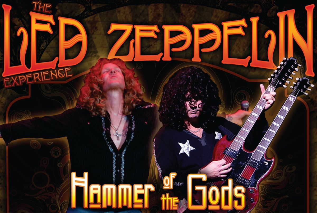 Αφίσα Led Zeppelin Experience Hammer of the Gods – δύο μουσικοί με μακριά μαλλιά και διπλές κιθάρες κάτω από πορτοκαλί τίτλο — εικόνα 1 από 6