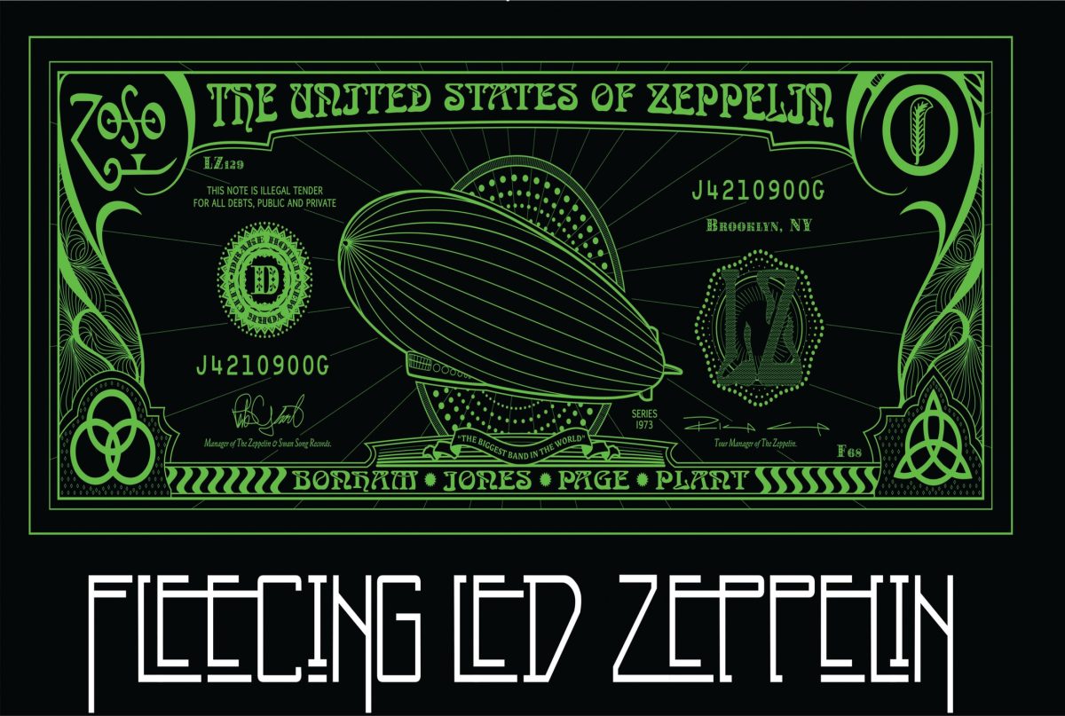 Αφίσα Led Zeppelin – οριζόντιο σχέδιο πράσινου χαρτονομίσματος The United States of Zeppelin με αερόπλοιο σε μαύρο φόντο — εικόνα 1 από 6