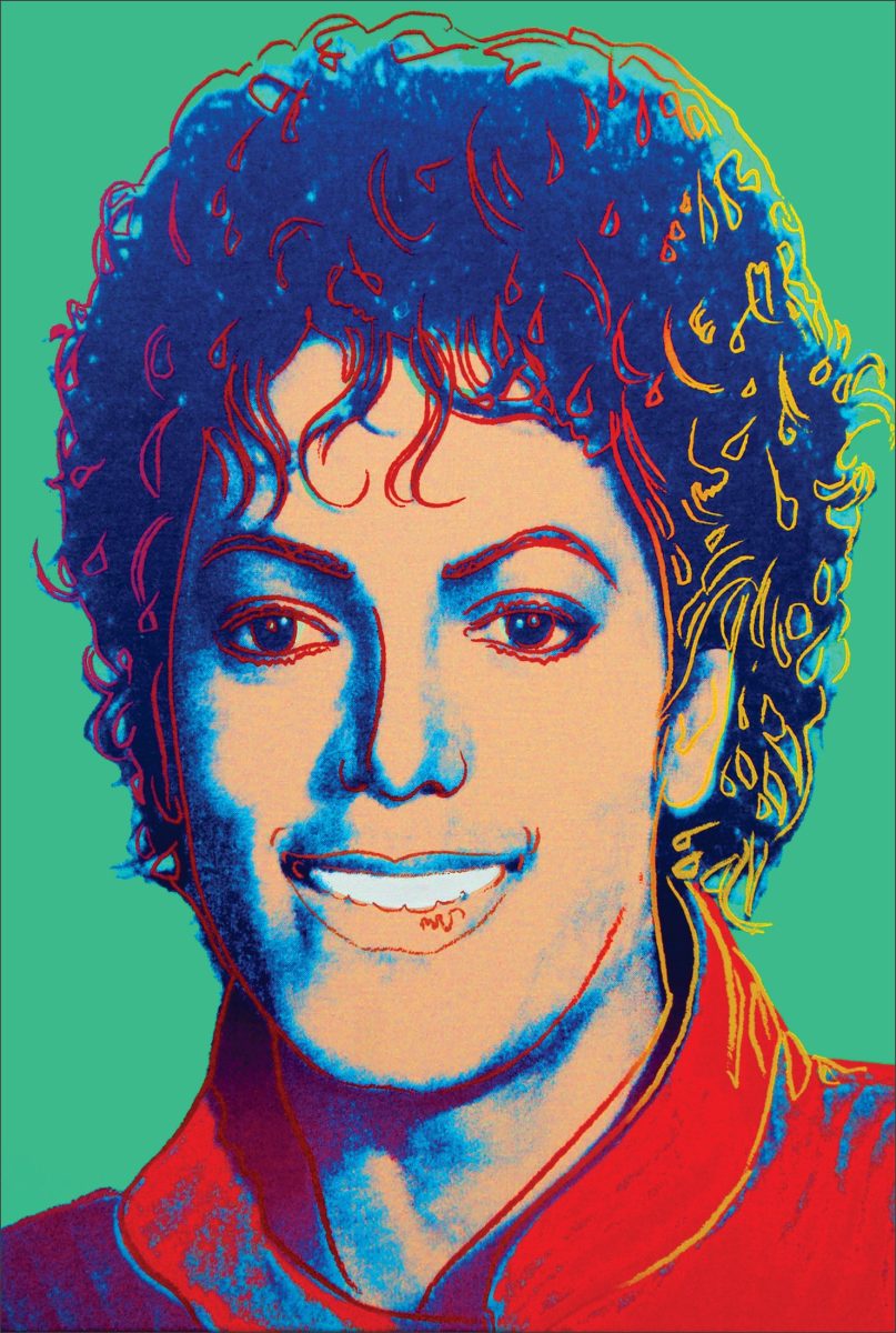 Αφίσα Michael Jackson – pop art πορτρέτο με μπλε μπούκλες, ανοιχτό χαμόγελο και κόκκινο σακάκι σε πράσινο φόντο — εικόνα 1 από 6