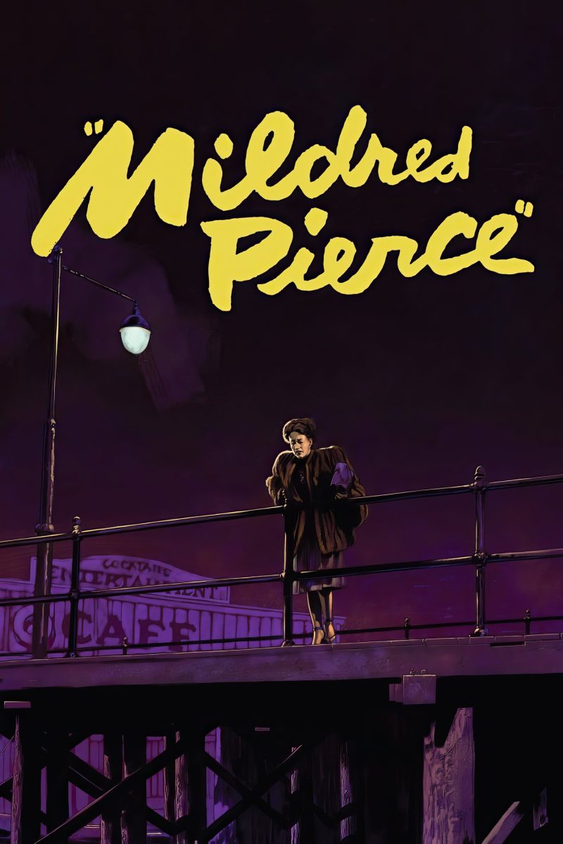 Πόστερ ταινίας Mildred Pierce – γυναίκα με γούνα σε προβλήτα τη νύχτα, κάτω από φανοστάτη, σε μωβ — εικόνα 1 από 6