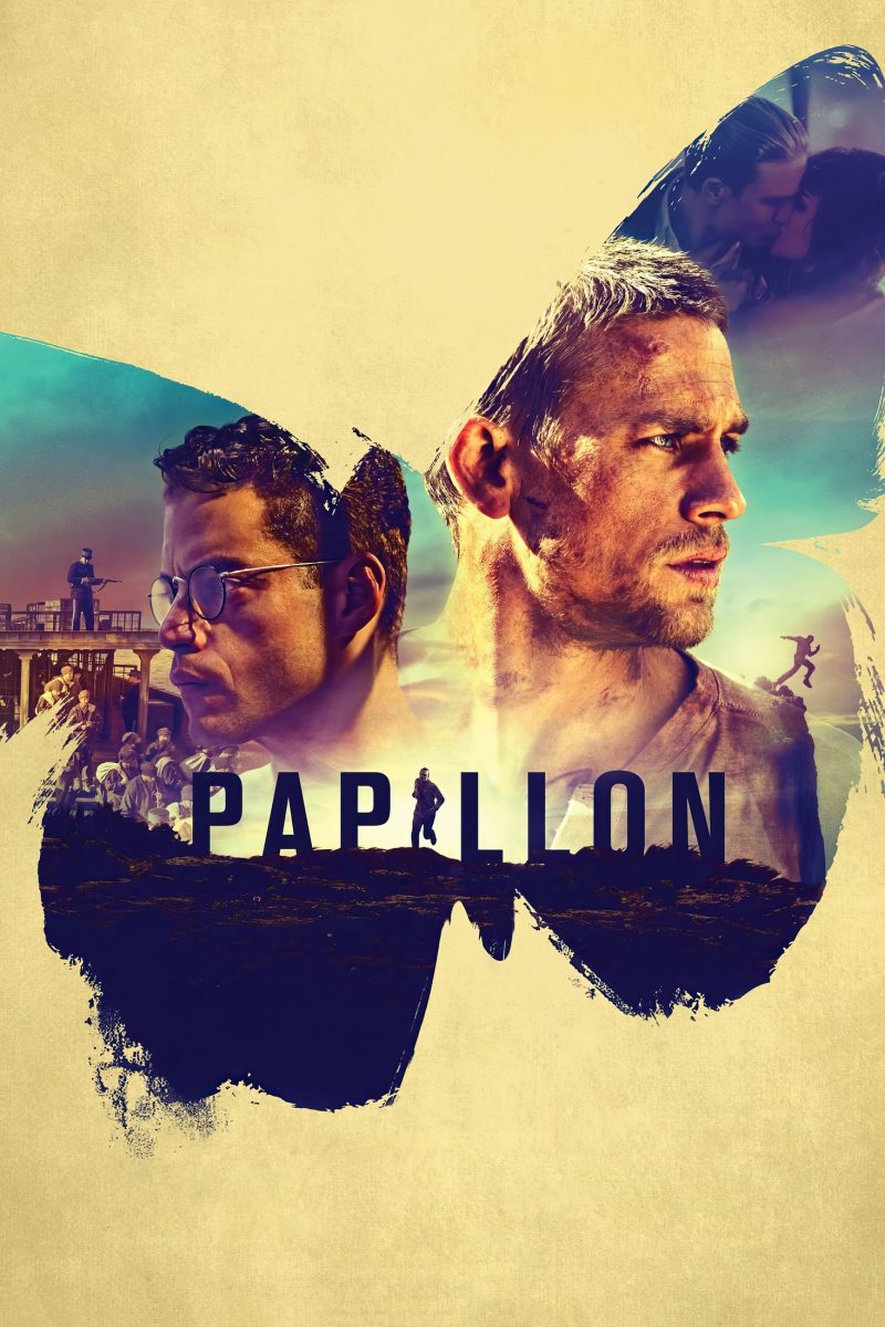 Πόστερ ταινίας Papillon – δύο ανδρικά πρόσωπα και σκηνές φυλακής μέσα σε σιλουέτα πεταλούδας — εικόνα 1 από 6