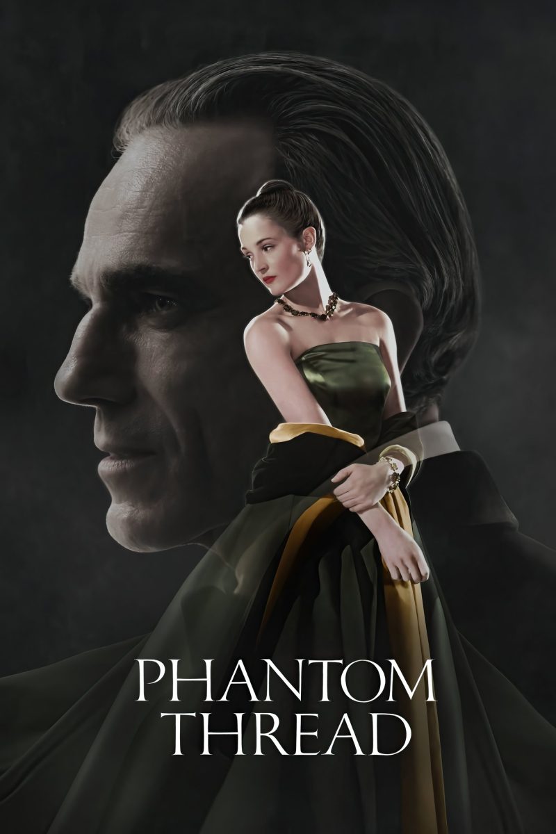 Πόστερ ταινίας Phantom Thread – ανδρικό προφίλ στη σκιά και κομψή γυναίκα με σατέν φόρεμα εποχής — εικόνα 1 από 6