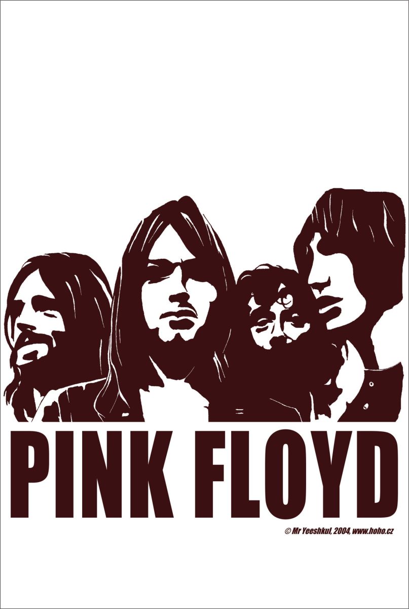 Αφίσα Pink Floyd – σιλουέτες τεσσάρων μακρυμάλληδων μουσικών σε σκούρο καφέ πάνω σε λευκό φόντο με τον τίτλο PINK FLOYD — εικόνα 1 από 6