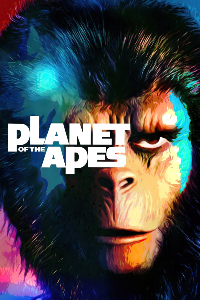 Πόστερ ταινίας Planet of the Apes – πρόσωπο πιθήκου σε ζωντανά, ψυχεδελικά χρώματα με λευκό τίτλο — εικόνα 1 από 6