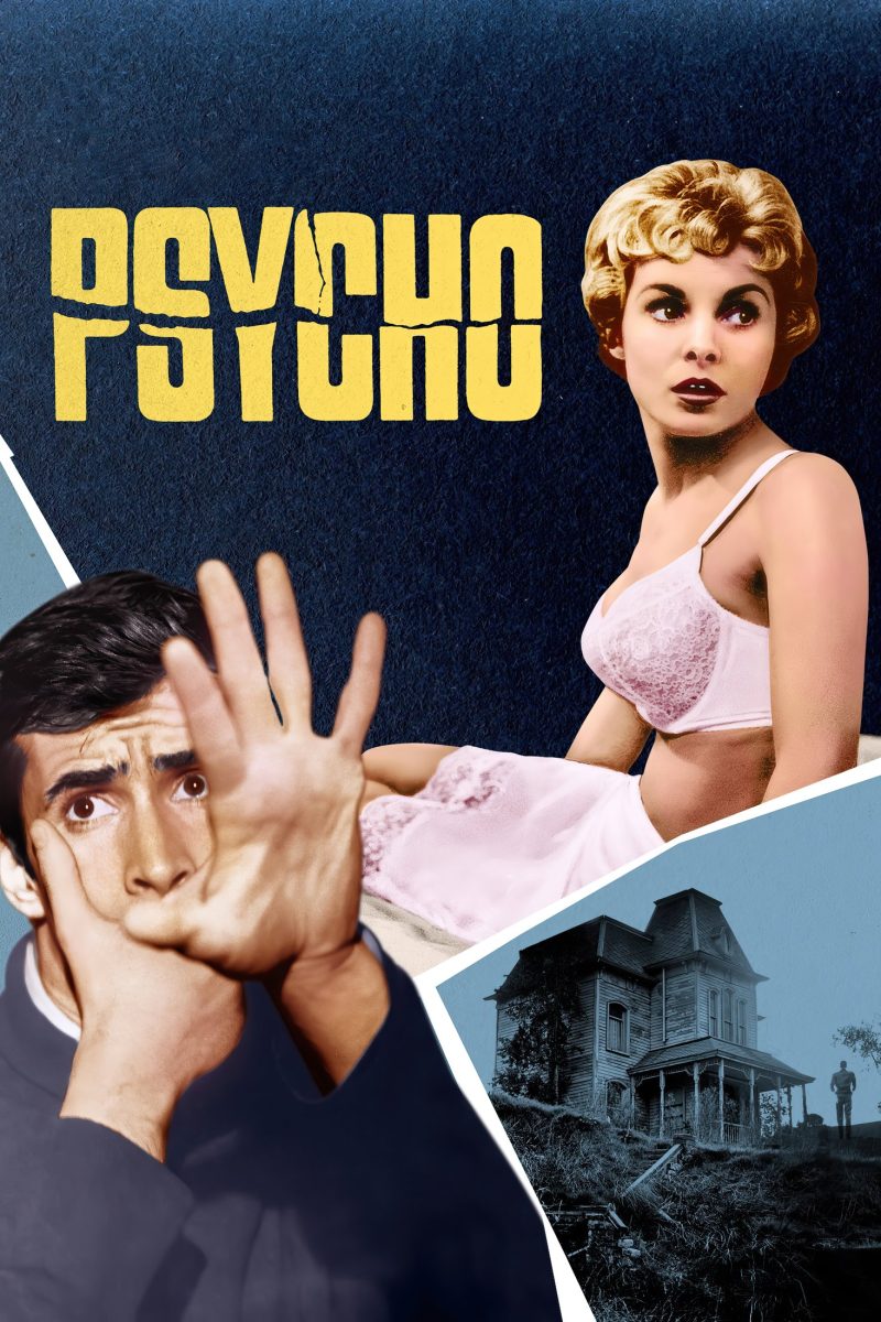 Πόστερ ταινίας Psycho – τρομαγμένος άντρας, ξανθιά γυναίκα και ένα παλιό σπίτι σε λόφο, σε κολάζ — εικόνα 1 από 6