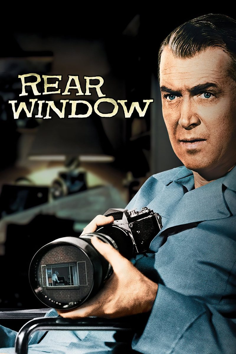 Πόστερ ταινίας Rear Window – άντρας με γαλάζιο πουκάμισο και φωτογραφική μηχανή με τηλεφακό, σε σκοτεινό δωμάτιο — εικόνα 1 από 6