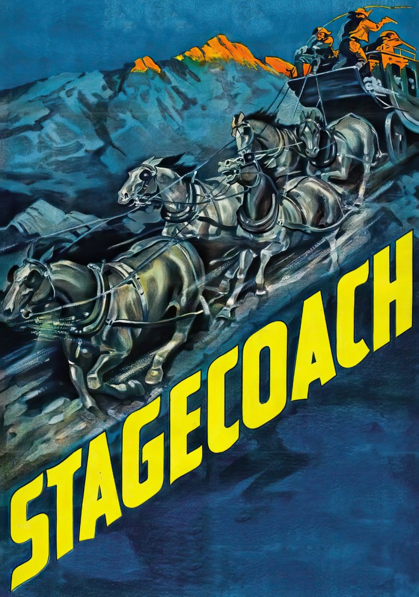 Πόστερ ταινίας Stagecoach – άλογα που καλπάζουν σέρνοντας άμαξα σε ορεινό δρόμο, σε μπλε και κίτρινο — εικόνα 1 από 6